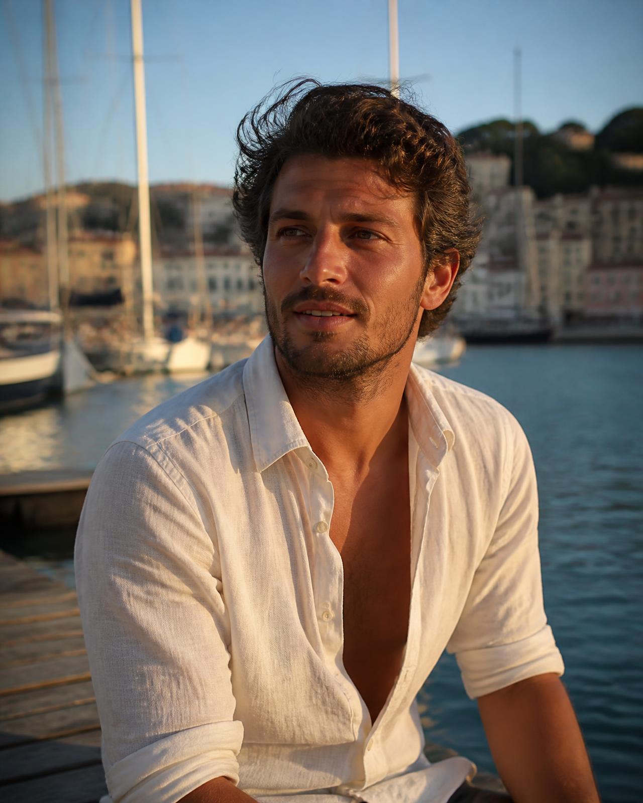 A young boat captain sitting on a wooden dock in a Cannes marina at golden hour, sailboats and harbour buildings behind him